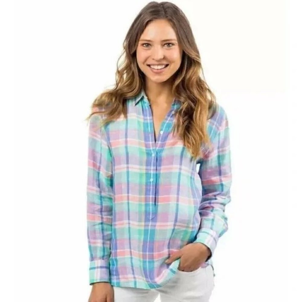 Southern Tide Hadley Linen Popover Plaid Pastel Shirt Size Small